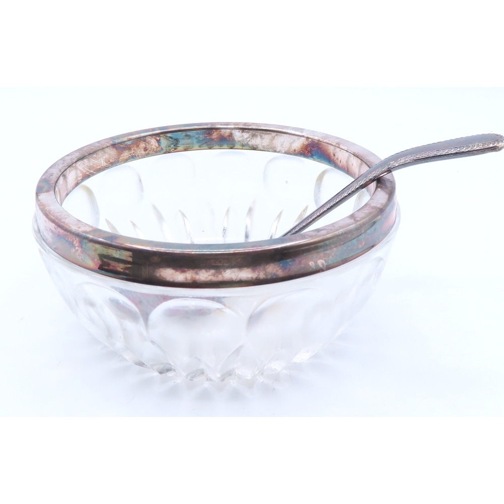 William Adams Lead Crystal Jam Bowl Silver Plated Rim and Spoon West Germany MCM